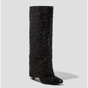 Women's Abba Sequin Foldover Heeled Boots - A New Day Black 6.5